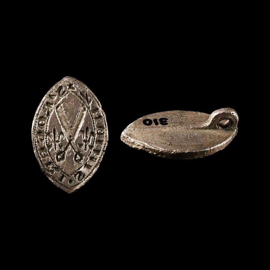 English Medieval Silver Vesica-Shaped Seal Matrix for Tailor Roger Simion