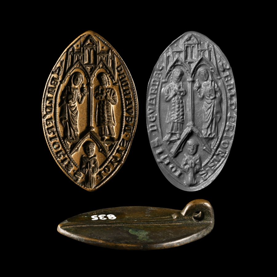 Large French Medieval Vesica-Shaped Seal Matrix for Baldwin, Prior of Saint John the Baptist at Vendeuil