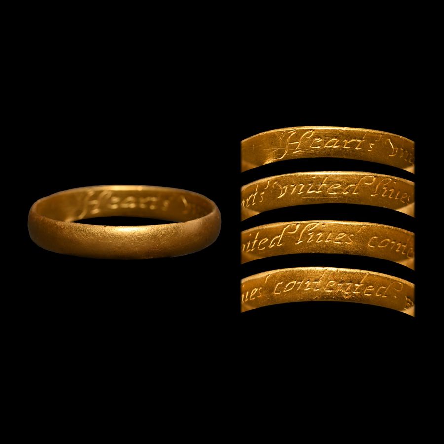 Post Medieval Gold 'Hearts United Lives Contented' Posy Ring