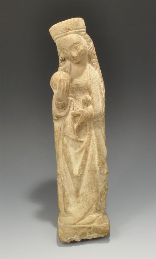 Medieval Limestone Madonna with Orb Statuette