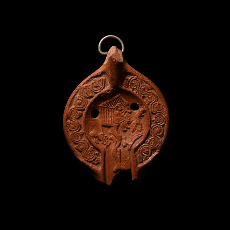 Roman Redware Lamp Fragment with Bucolic Scene