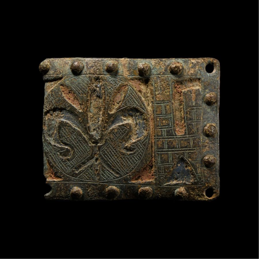 Medieval Bronze Heraldic Horse Harness Mount with Castle and Fleur