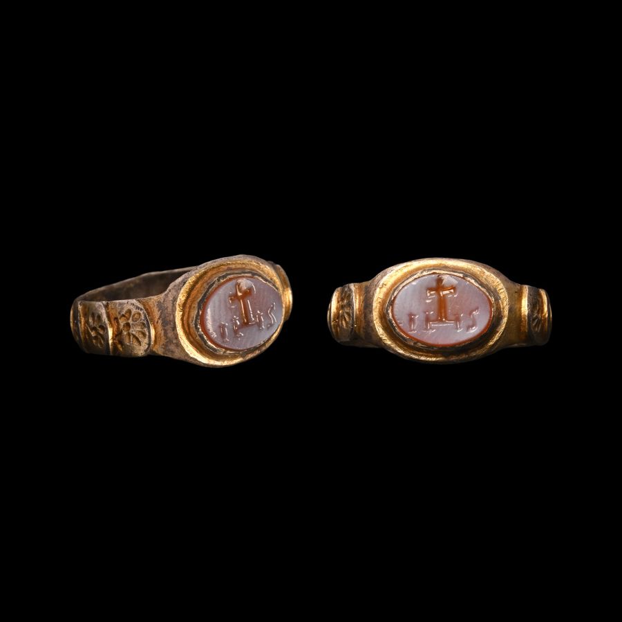 Post Byzantine Gilt Silver Ring with Cross Gemstone