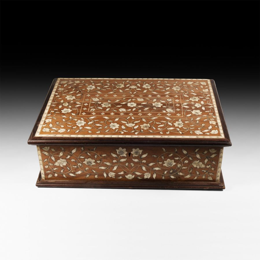 Post Medieval Wooden Box with Bone Inlays and Key