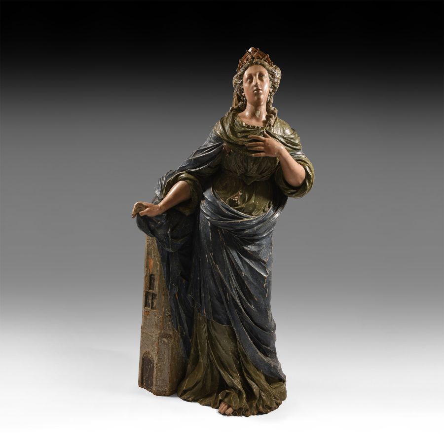 Post Medieval Painted Wooden Saint Barbara Statue