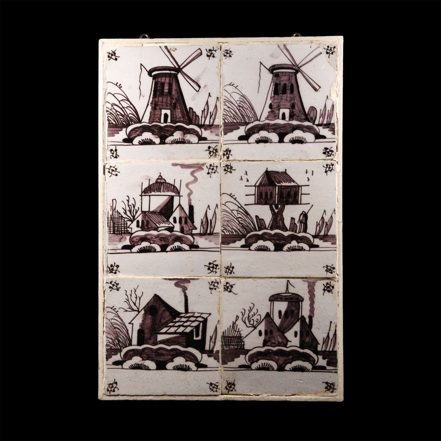 Post Medieval Glazed Ceramic Windmill Tile Display