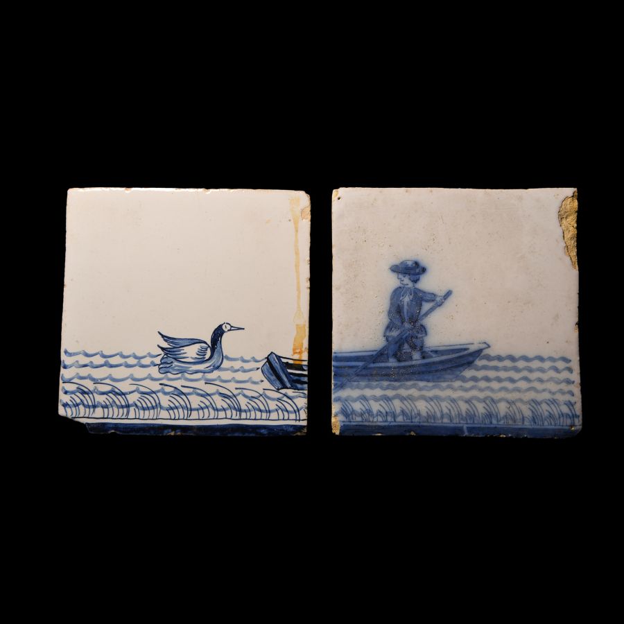 Post Medieval Glazed Ceramic Tile Set with Boating Scene