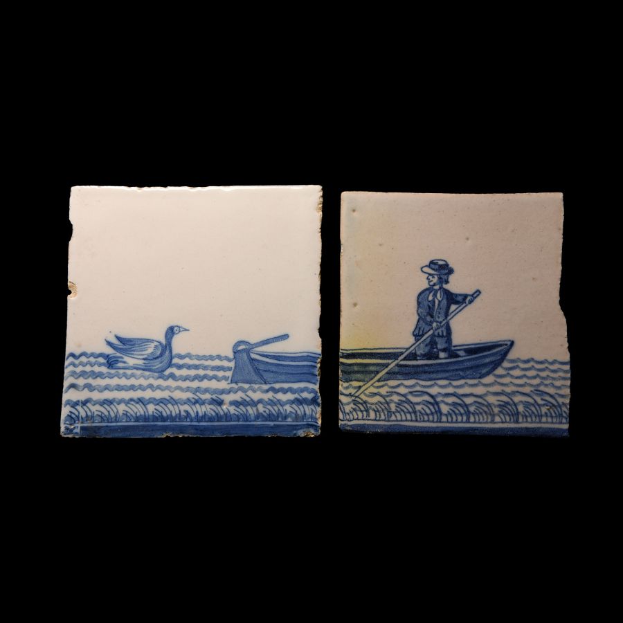 Post Medieval Glazed Ceramic Boating Scene Tile Set
