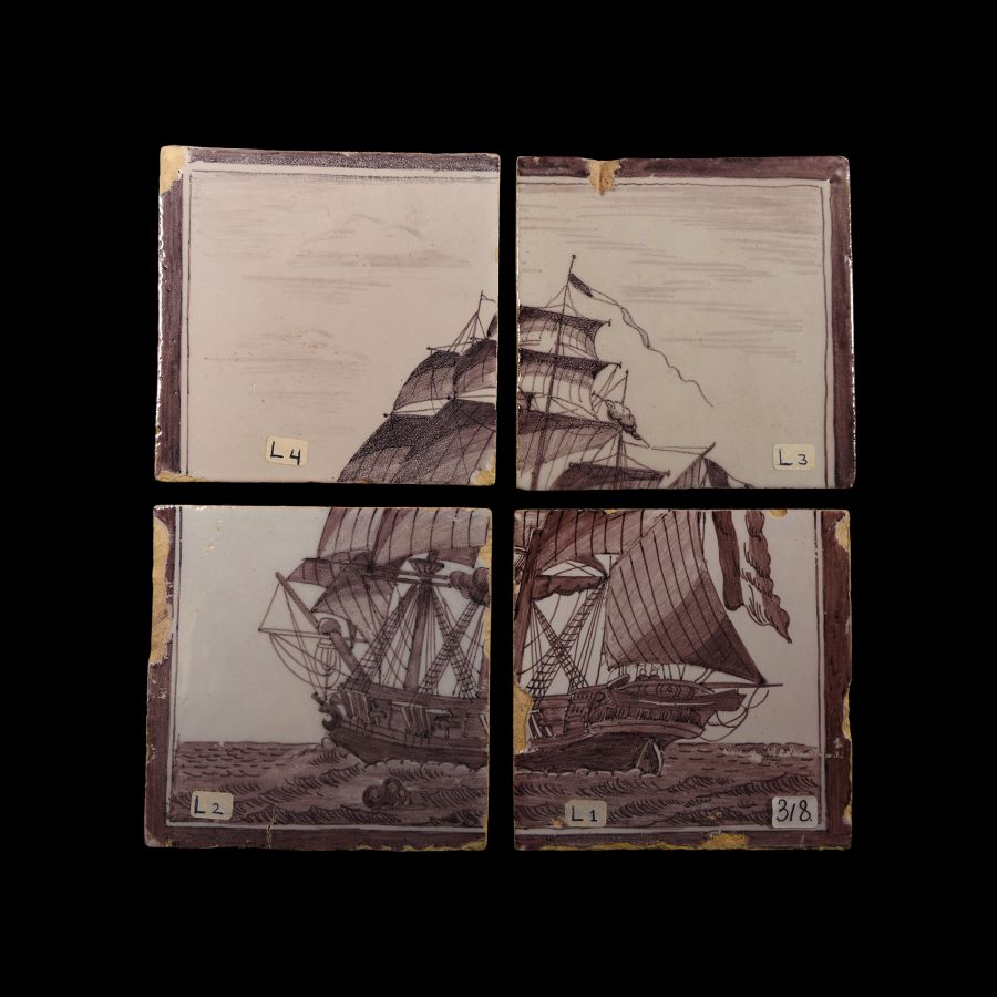 Post Medieval Glazed Ceramic Tile Set with Sailing Vessel