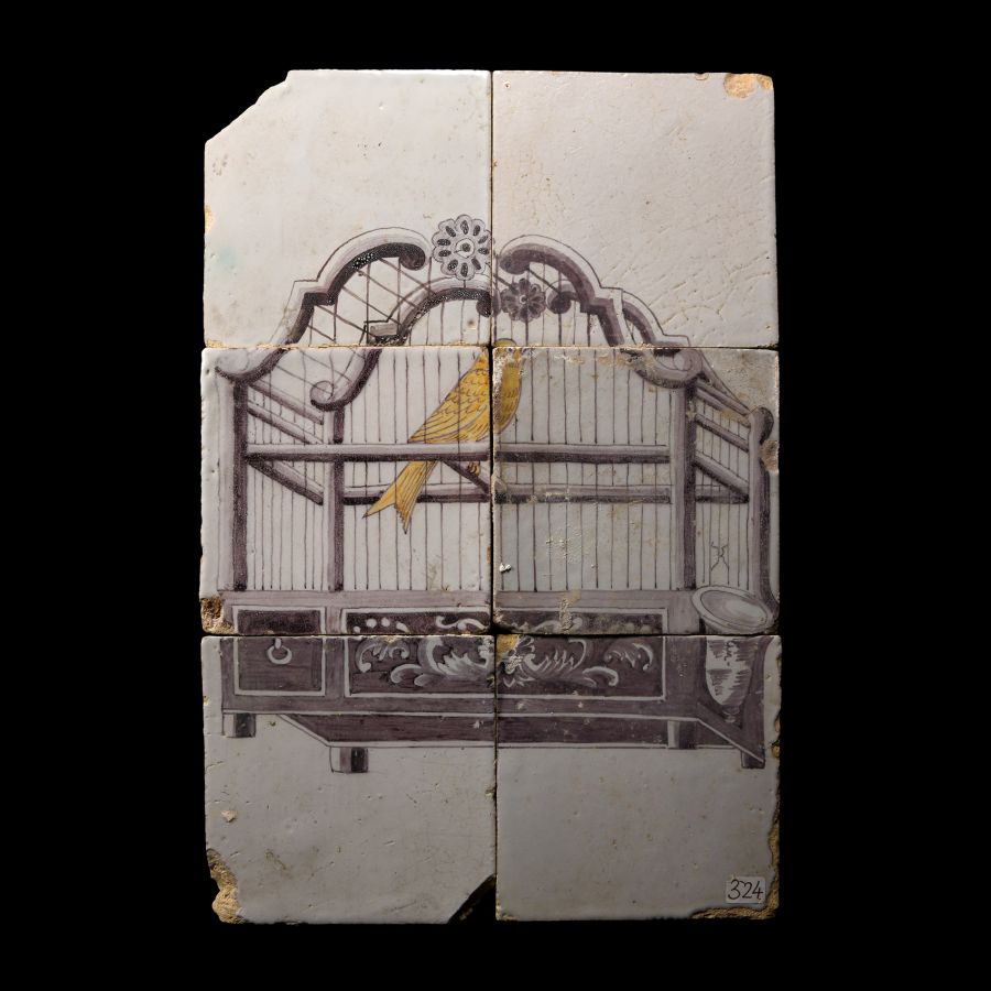 Post Medieval Glazed Ceramic Caged Canary Tile Set