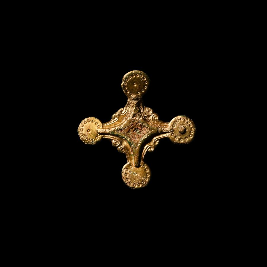 Anglo-Saxon Gilt Bronze Cross-Shaped Shield Mount