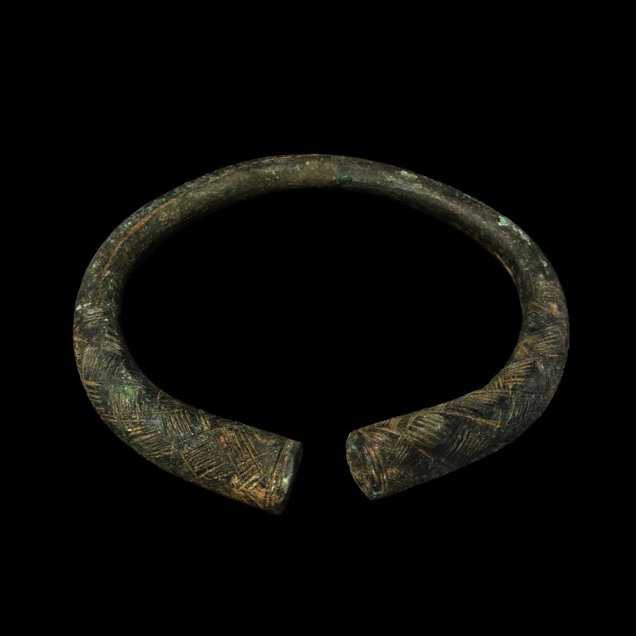 Viking Age Bronze Hatched Panel Bracelet with Trumpet Terminals