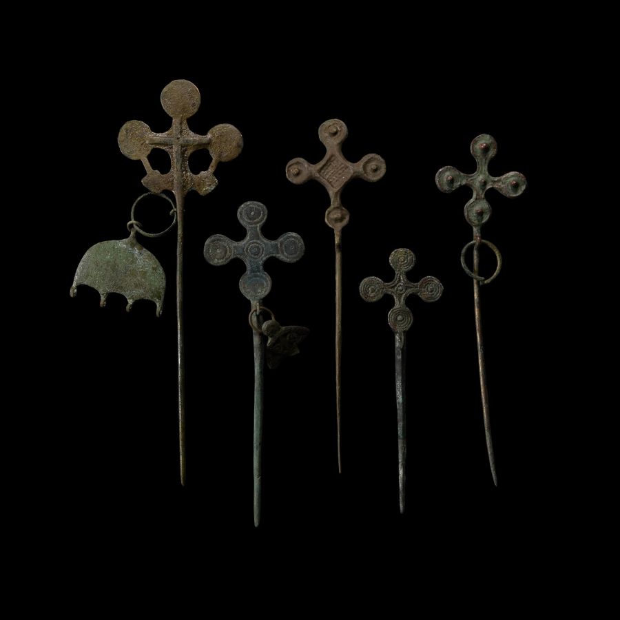 Viking Period Bronze Pin Collection with Lobed Cross Finials
