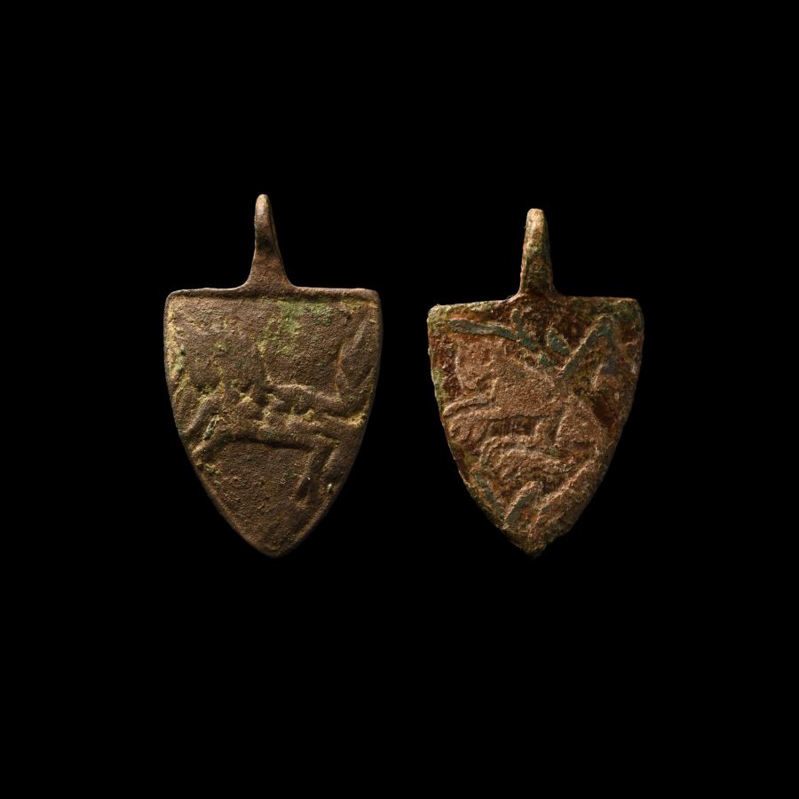 Medieval Bronze 'Stansam and Cotton Families' Knight's Heraldic Horse Harness Pendant Group