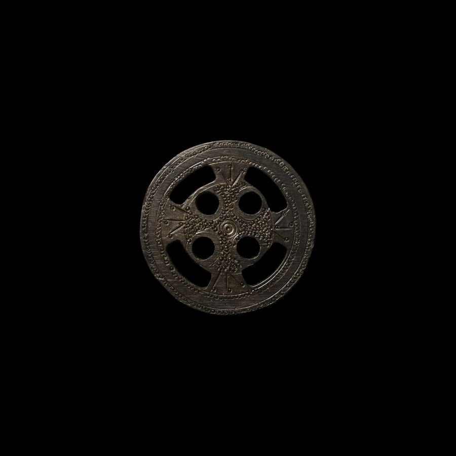 Germanic Bronze Bifacial Roundel with Stamped Cross Design