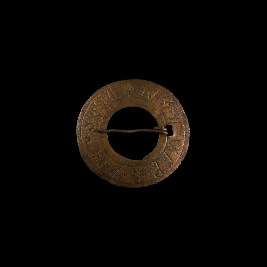 Large Medieval Bronze Annular Brooch with Magical Inscription