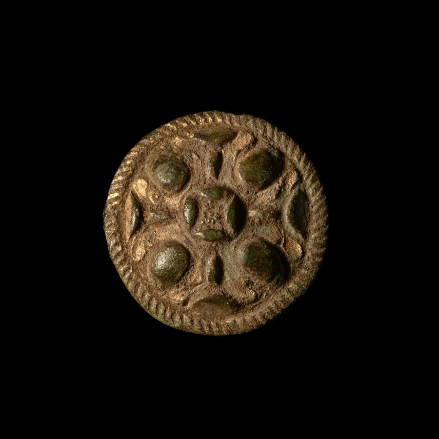 Viking Age Gilt Bronze Mount with Cross and Lobes