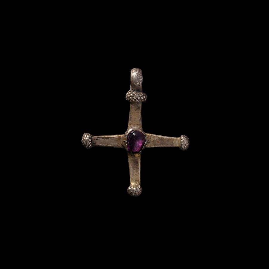 Medieval Silver-Gilt Jewelled Cross with Inscription