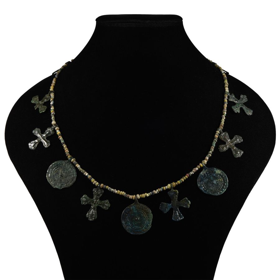 Viking Age Glass Bead Necklace with Bronze Pendants