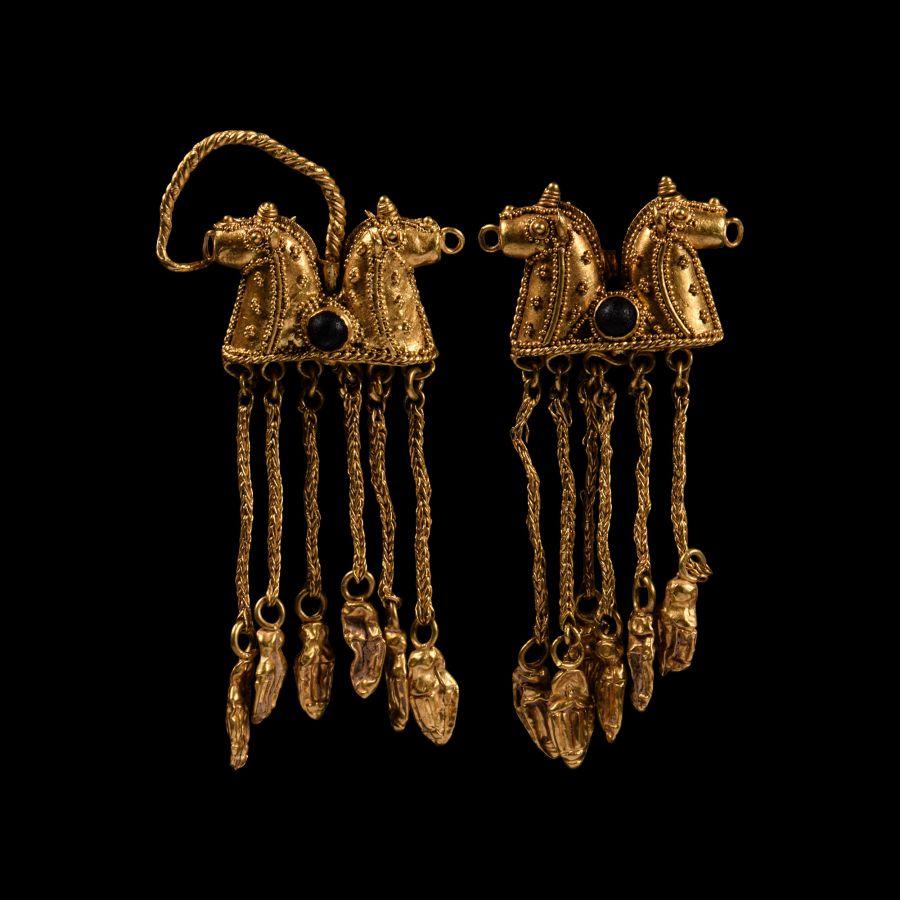 Eastern Greek Gold Horse Earrings with Pendants