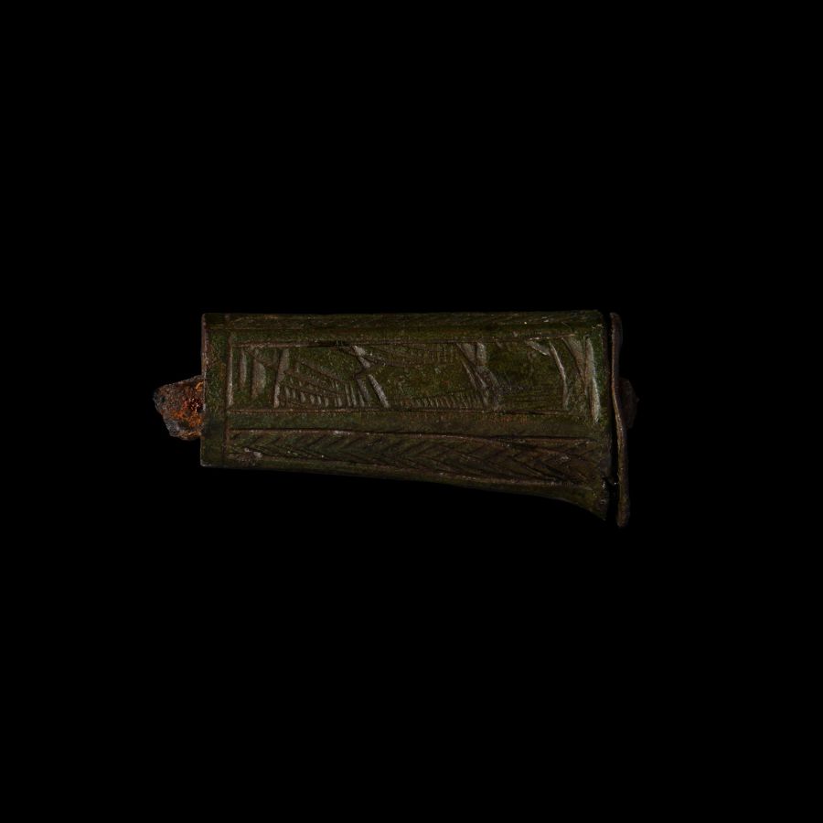 Medieval Engraved Bronze Knife Handle with Veiled Figures