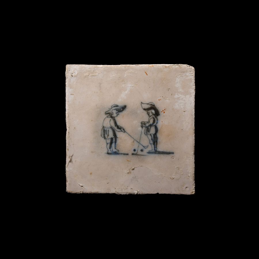 Post Medieval Dutch Glazed Ceramic Tile with Golf Scene