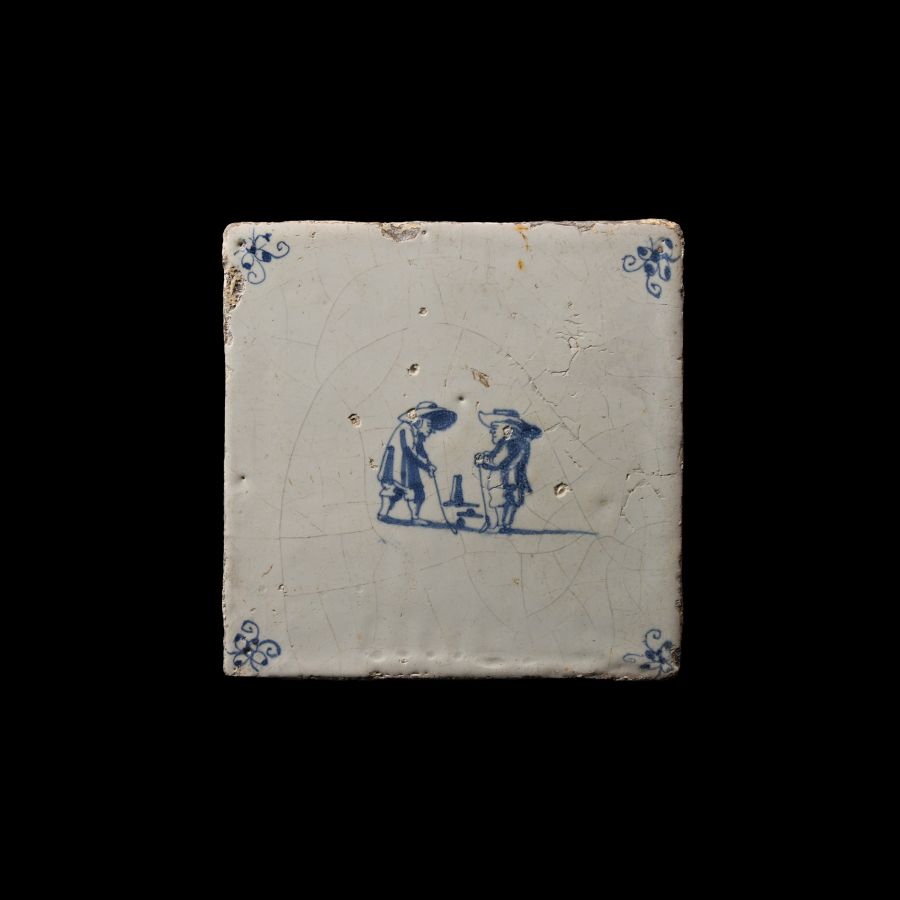 Post Medieval Dutch Glazed Ceramic Tile with Golf Scene