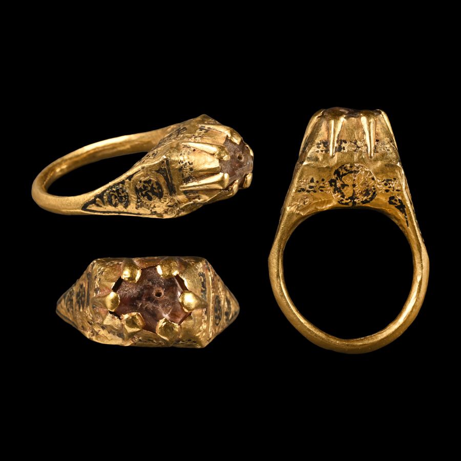 Medieval Period Enamelled Gold Ring with Gem