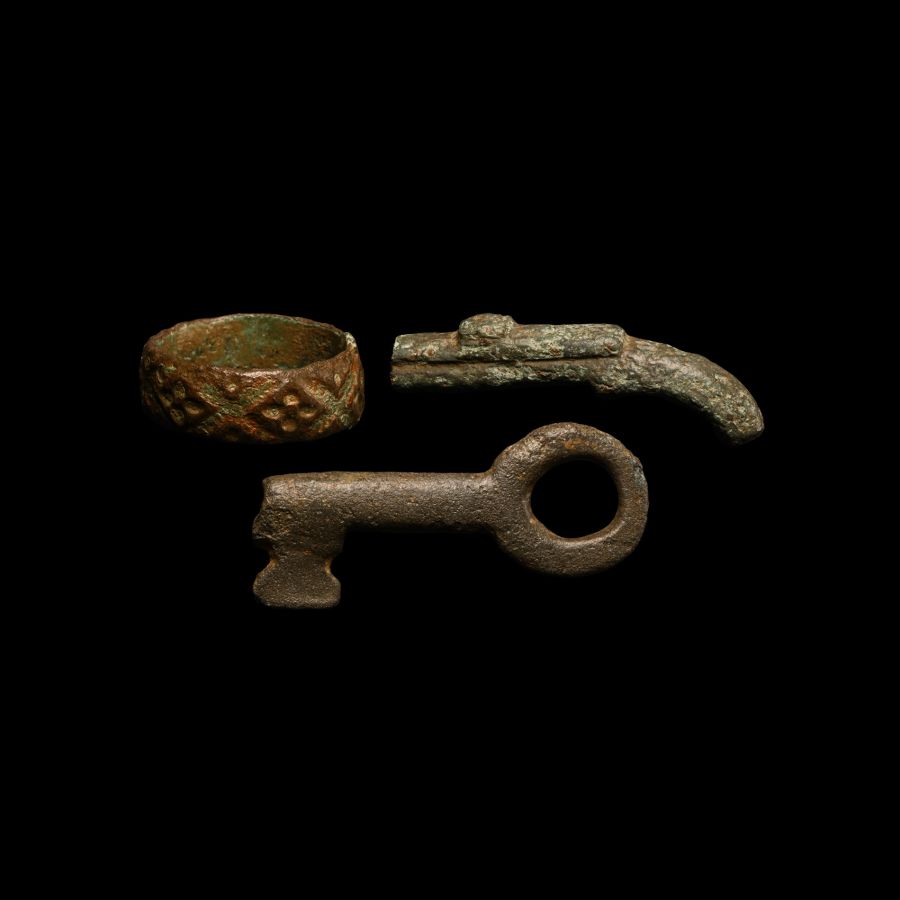 Georgian Toy Bronze Pistol, Ring and Key Group