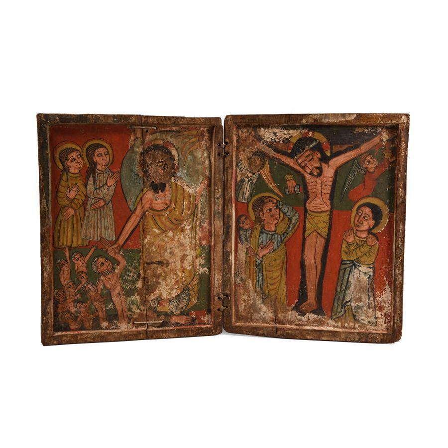 Late Medieval Ethiopian Wooden Diptych Depicting the Crucifixion and Resurrection