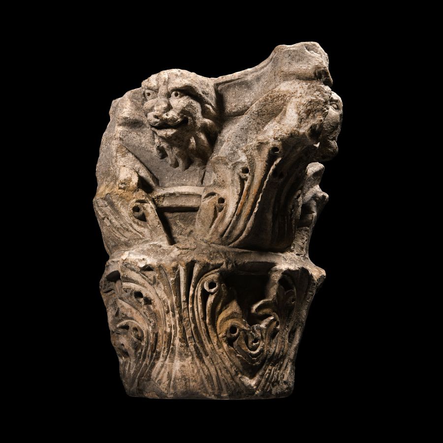 Medieval Stone Column Capital with Lion and Human Face