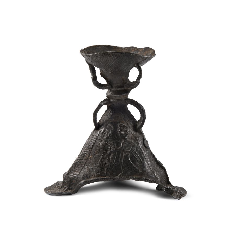 Medieval Pewter Tripod Candlestick with Relief Decoration