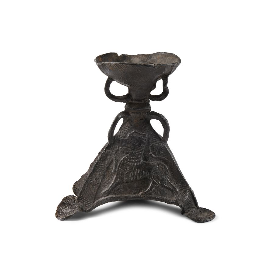 Medieval Pewter Tripod Candlestick with Relief Decoration