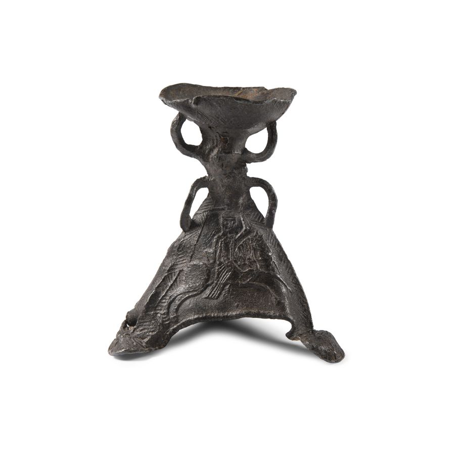 Medieval Pewter Tripod Candlestick with Relief Decoration