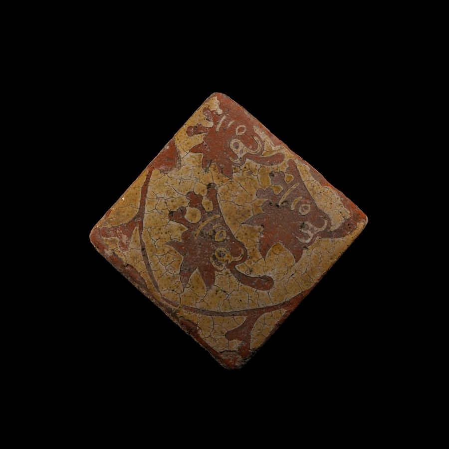 Medieval Glazed Ceramic Tile with Three Crowned Lions in Heraldic Shield