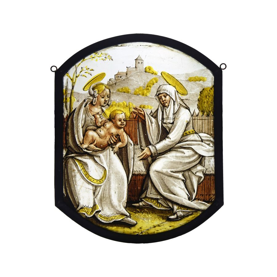 Medieval Stained Glass Panel with the Education of Christ with St Anne and the Virgin