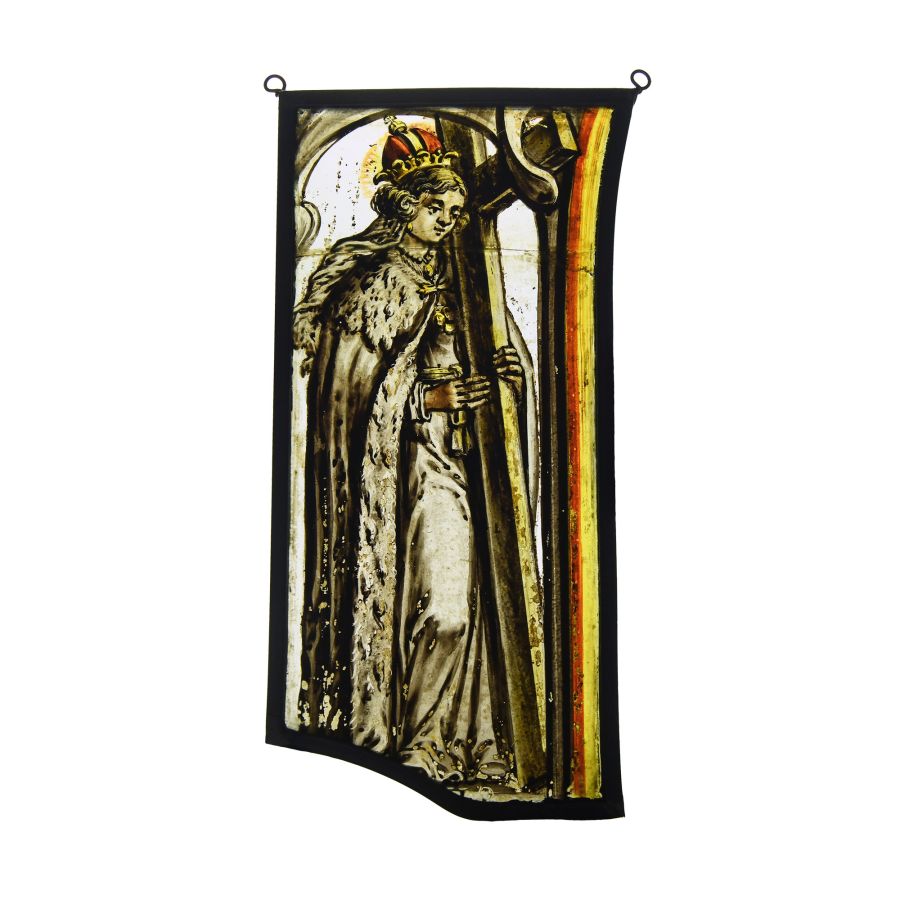 Medieval Stained Glass Panel with a Bishop holding a Cross