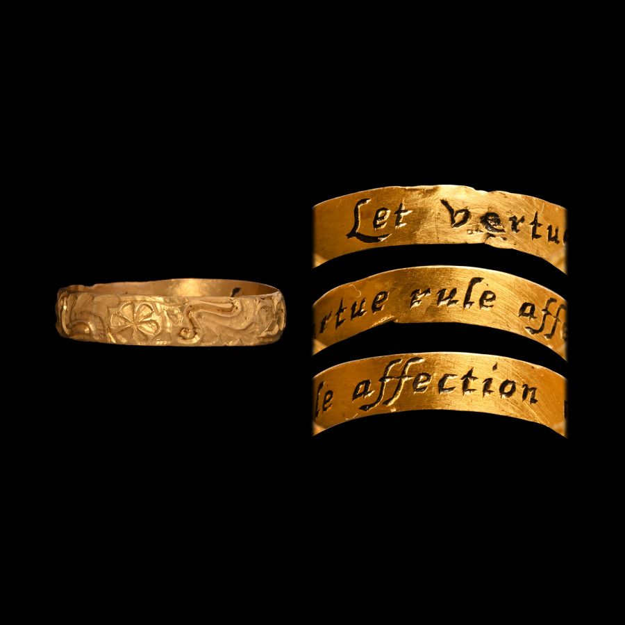 Post Medieval Gold 'Let Vertue Rule Affection' Decorated Posy Ring
