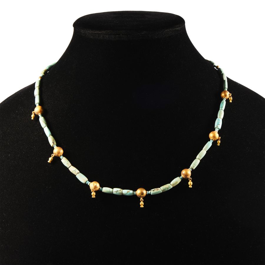 Western Asiatic Turquoise Bead Necklace with Gold Pomegranate Spacers