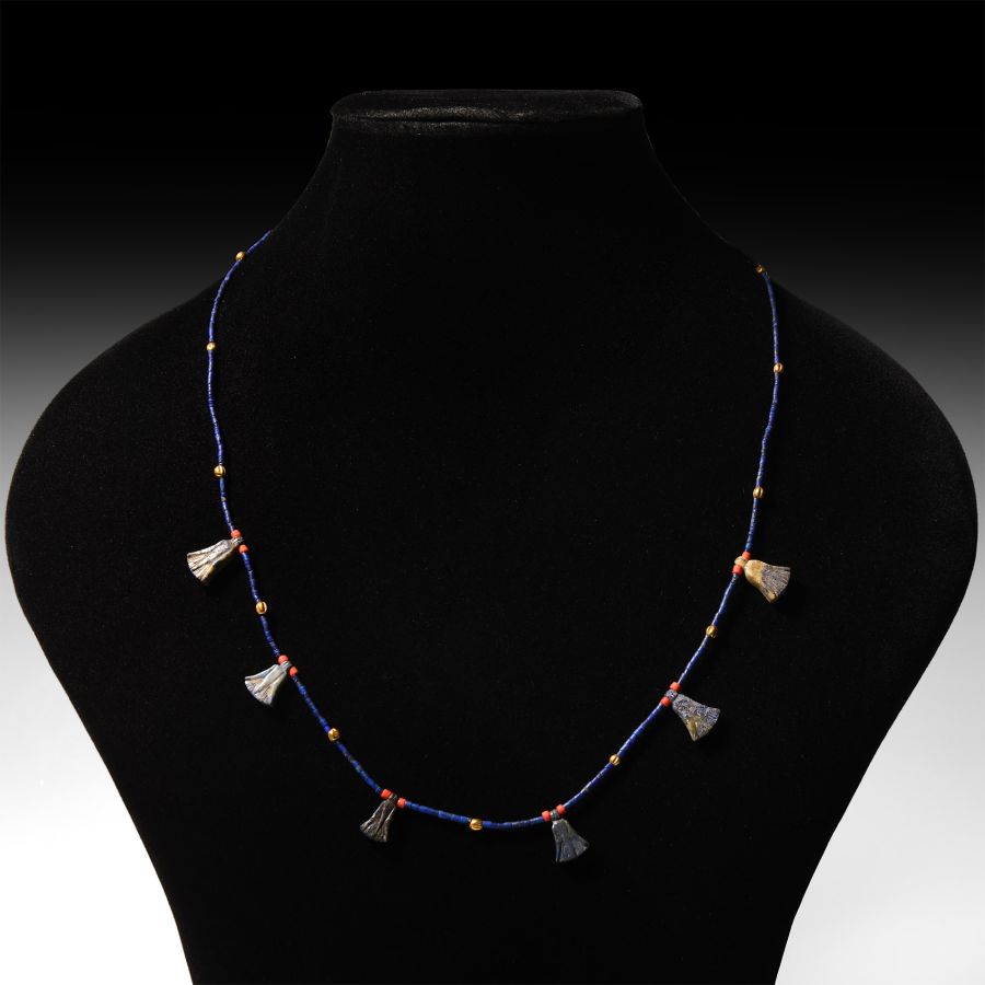 Egyptian Lapis Lazuli Necklace with Papyrus Flower Amulets