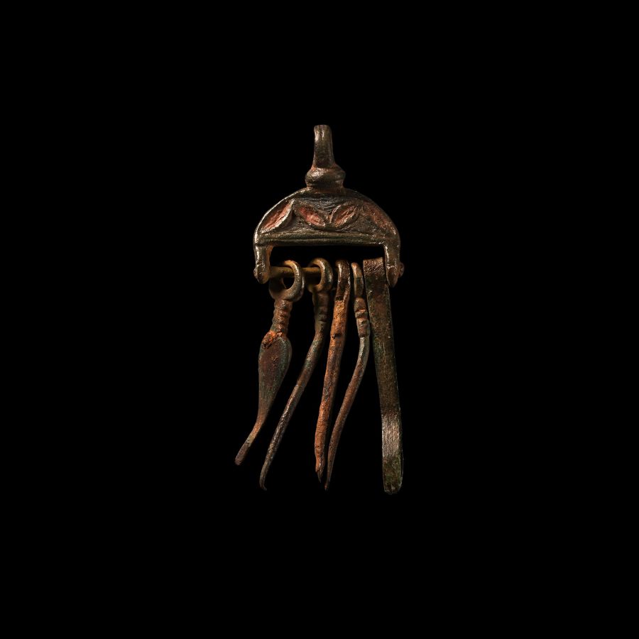 Romano-British Bronze Chatelaine Hanger with Toilet Implements