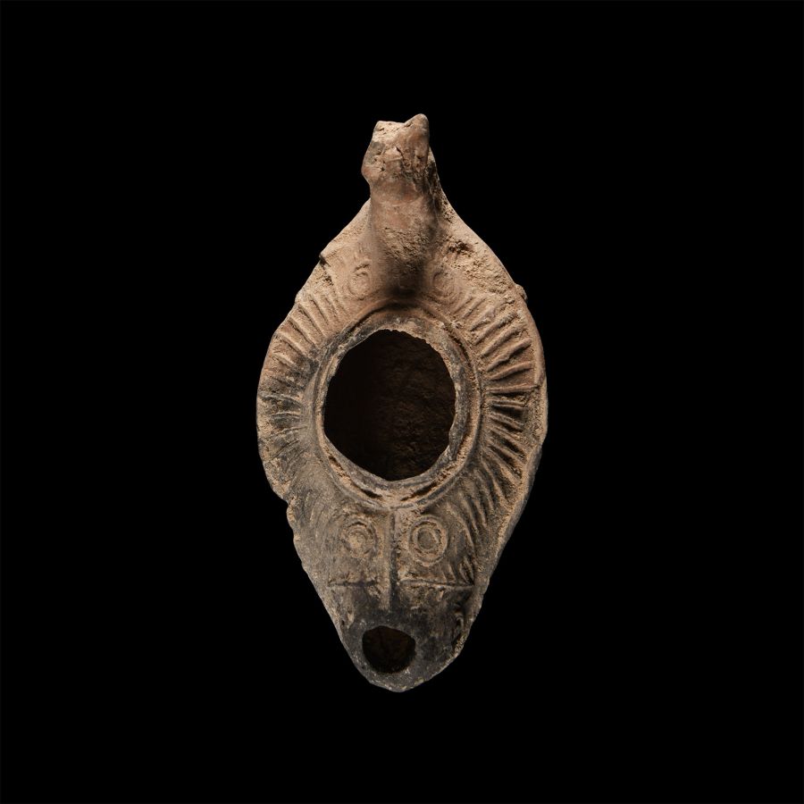 Byzantine Holy Land Terracotta Lamp with Animal-Headed Handle