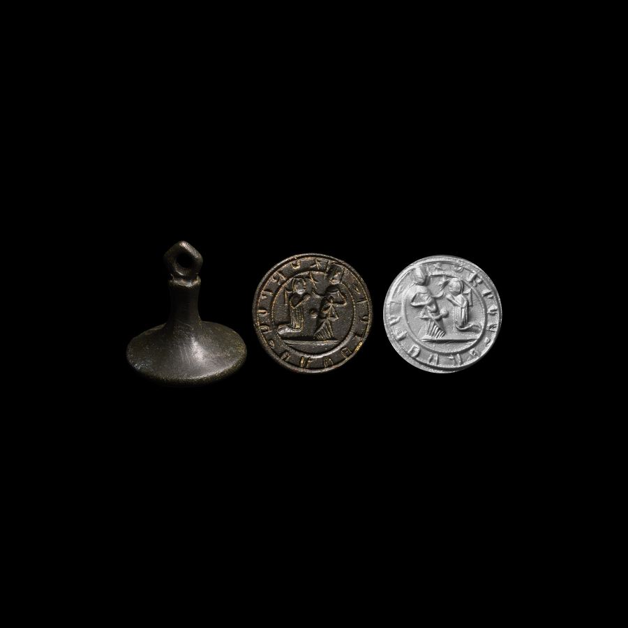 Large Medieval Bronze Seal Matrix with Scene Showing Robed Figures