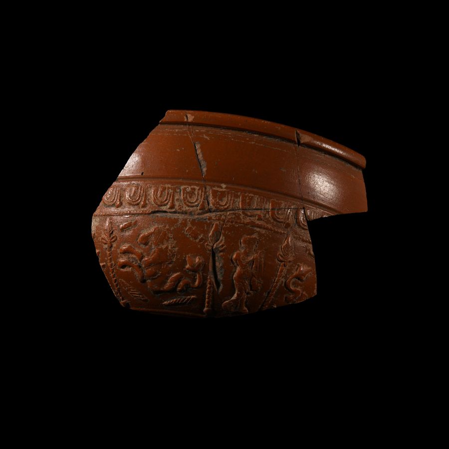 Roman Redware Bowl Fragment with Hippocampus and Standing Nereid