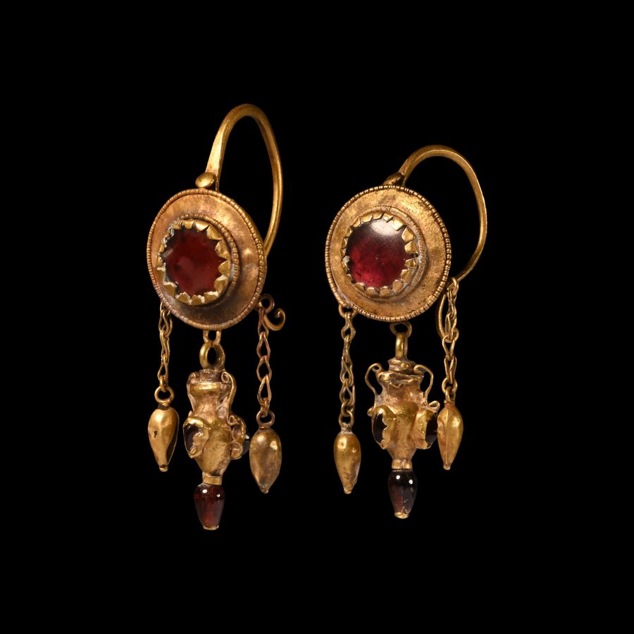 Greek Gold Earrings with Amphora Drops