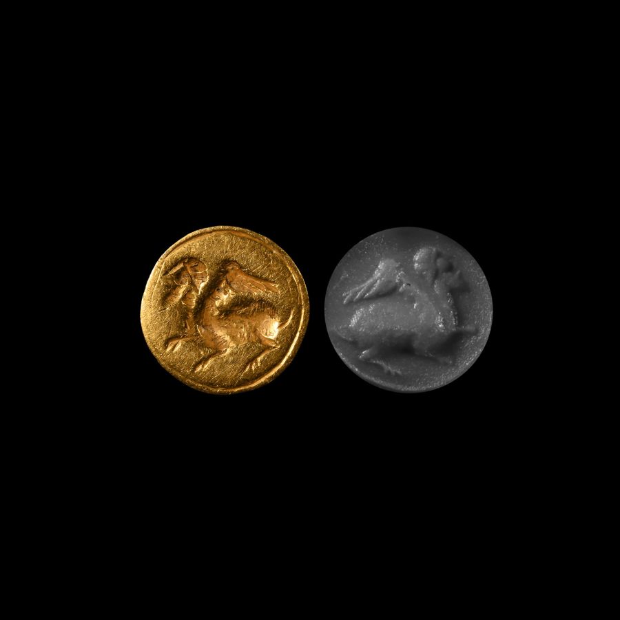 Archaic Greek Gold Intaglio with Mythical Creature