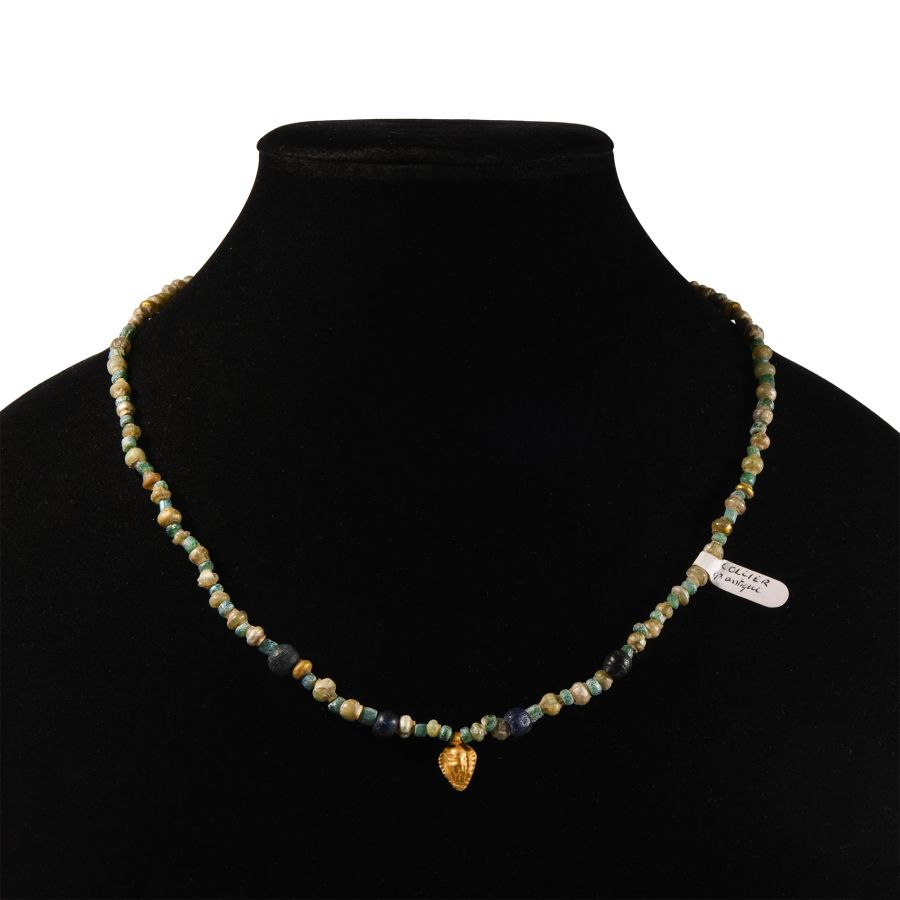 Roman Glass Bead Necklace with Gold Pendant
