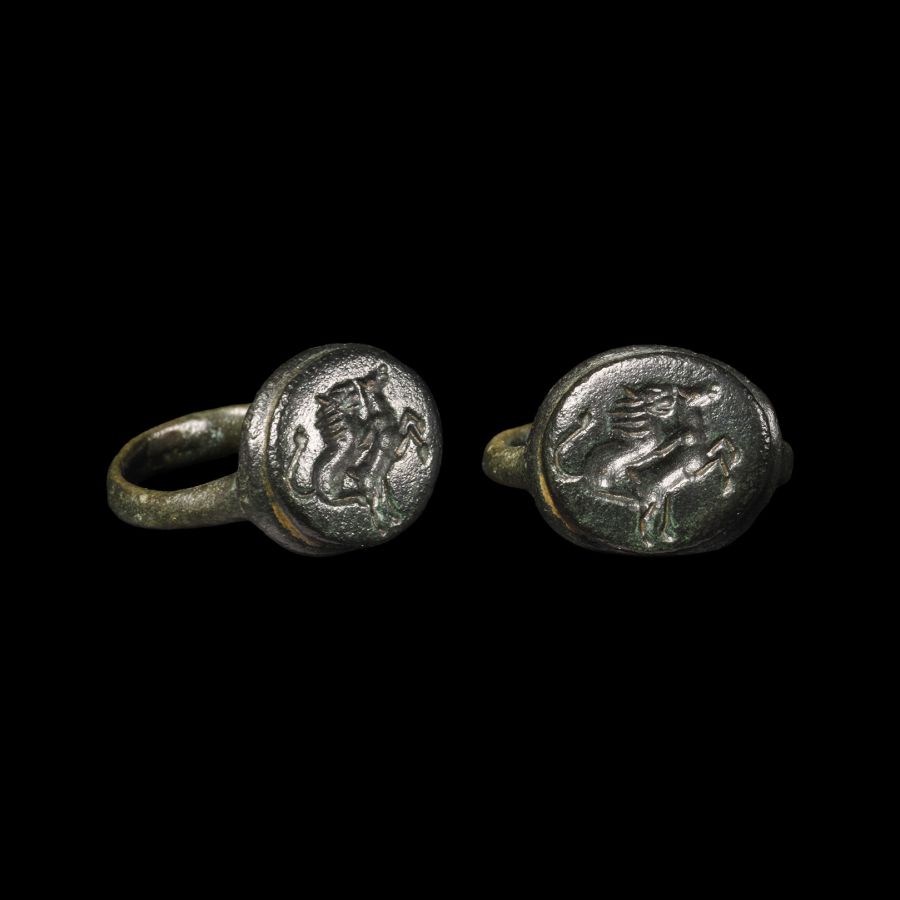 Late Roman Bronze Ring with Lion Attacking a Horse