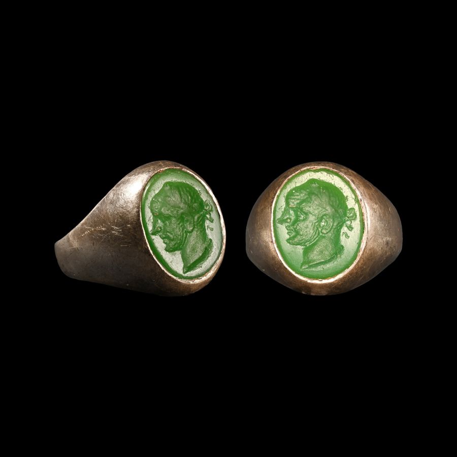 Green Glass Gemstone with Portrait of a Man in Silver Ring