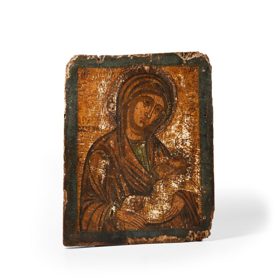 Painted Wooden Icon of Virgin and Child